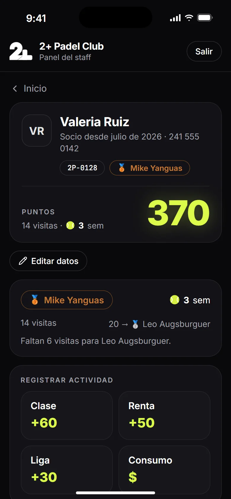 5. Nivel, racha y visitas de cada socio