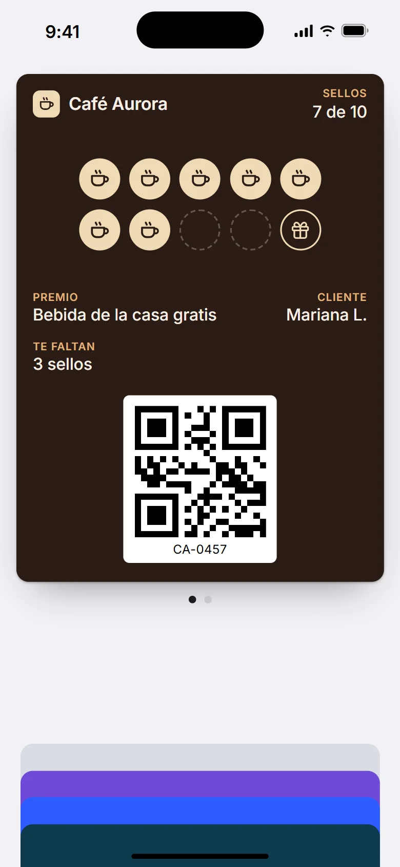 Tarjeta de sellos de ejemplo para una cafetería en Apple Wallet